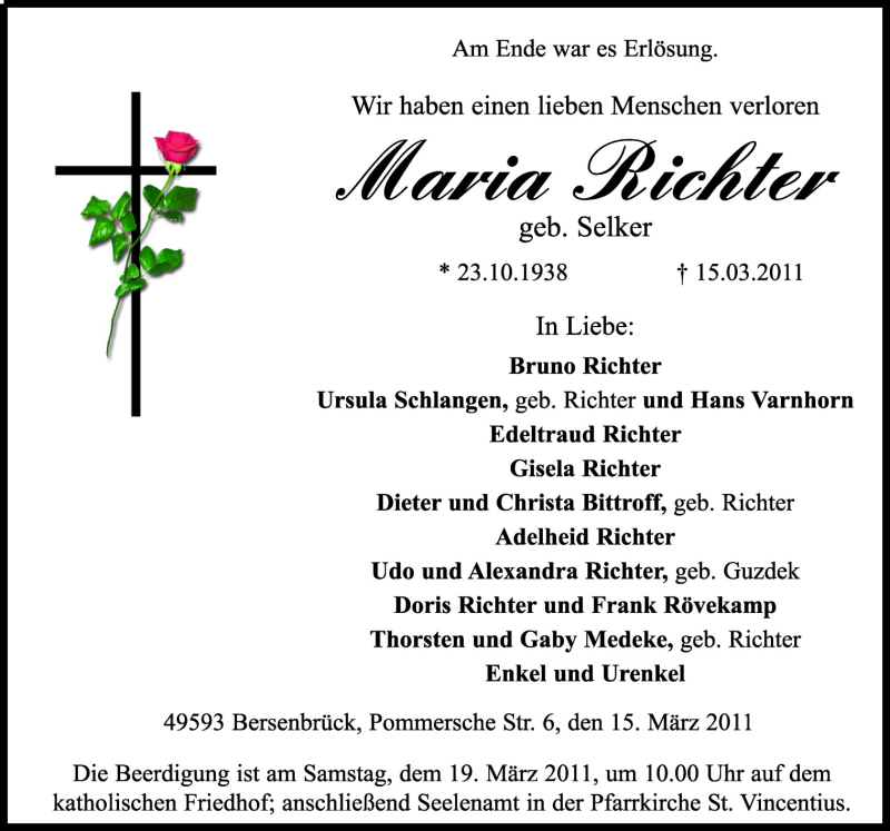  Traueranzeige für Maria Richter vom 17.03.2011 aus Neue Osnabrücker Zeitung GmbH & Co. KG