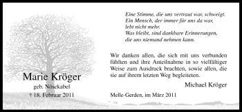 Traueranzeige von Marie Kröger von Neue Osnabrücker Zeitung GmbH & Co. KG
