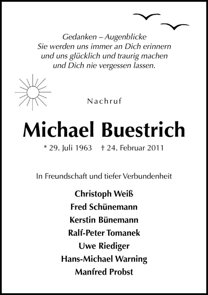  Traueranzeige für Michael Buestrich vom 19.03.2011 aus Neue Osnabrücker Zeitung GmbH & Co. KG