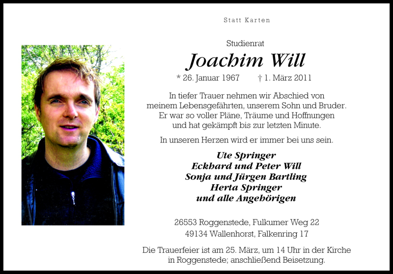  Traueranzeige für Joachim Will vom 19.03.2011 aus Neue Osnabrücker Zeitung GmbH & Co. KG