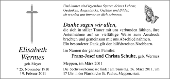 Traueranzeige von Elisabeth Wermes von Neue Osnabrücker Zeitung GmbH & Co. KG