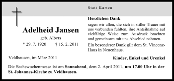 Traueranzeige von Adelheid Jansen von Neue Osnabrücker Zeitung GmbH & Co. KG