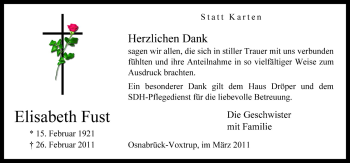 Traueranzeige von Elisabeth Fust von Neue Osnabrücker Zeitung GmbH & Co. KG