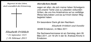 Traueranzeige von Elisabeth Fröhlich von Neue Osnabrücker Zeitung GmbH & Co. KG