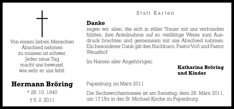  Traueranzeige für Hermann Bröring vom 23.03.2011 aus Neue Osnabrücker Zeitung GmbH & Co. KG