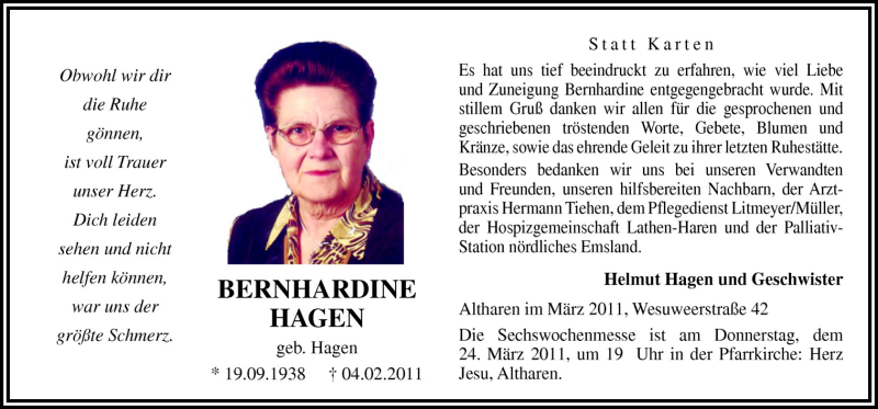  Traueranzeige für Bernhardine Hagen vom 21.03.2011 aus Neue Osnabrücker Zeitung GmbH & Co. KG