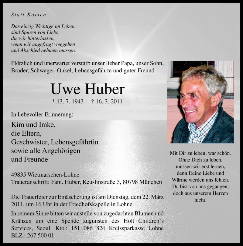  Traueranzeige für Uwe Huber vom 21.03.2011 aus Neue Osnabrücker Zeitung GmbH & Co. KG
