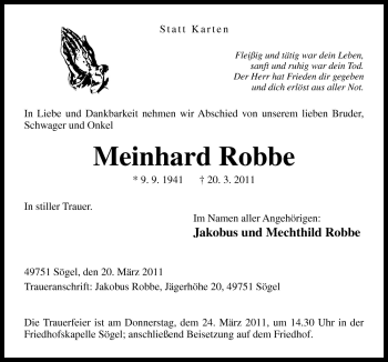 Traueranzeige von Meinhard Robbe von Neue Osnabrücker Zeitung GmbH & Co. KG