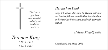 Traueranzeige von Terence King von Neue Osnabrücker Zeitung GmbH & Co. KG