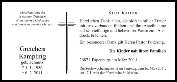 Traueranzeige von Gretchen Kampling von Neue Osnabrücker Zeitung GmbH & Co. KG