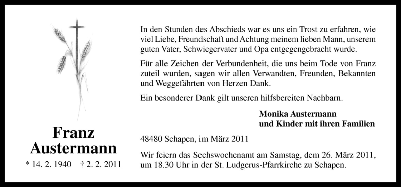  Traueranzeige für Franz Austermann vom 23.03.2011 aus Neue Osnabrücker Zeitung GmbH & Co. KG