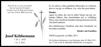 Traueranzeige von Josef Köbbemann von Neue Osnabrücker Zeitung GmbH & Co. KG