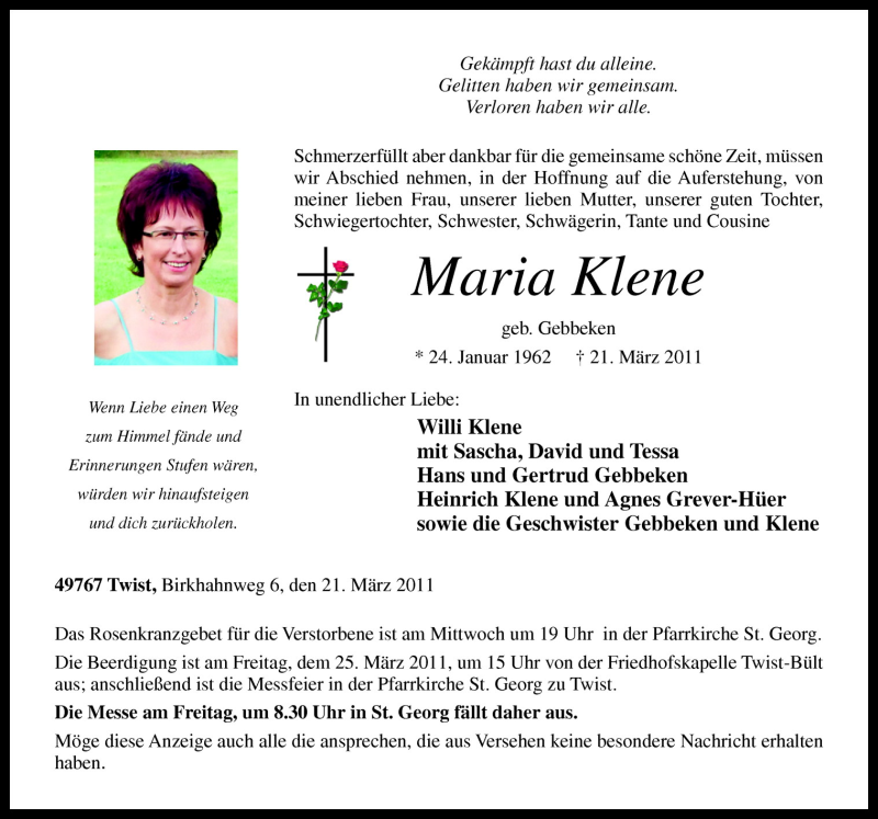  Traueranzeige für Maria Klene vom 23.03.2011 aus Neue Osnabrücker Zeitung GmbH & Co. KG