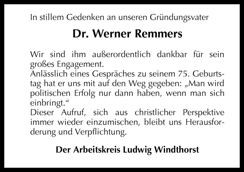  Traueranzeige für Werner Remmers vom 23.03.2011 aus Neue Osnabrücker Zeitung GmbH & Co. KG