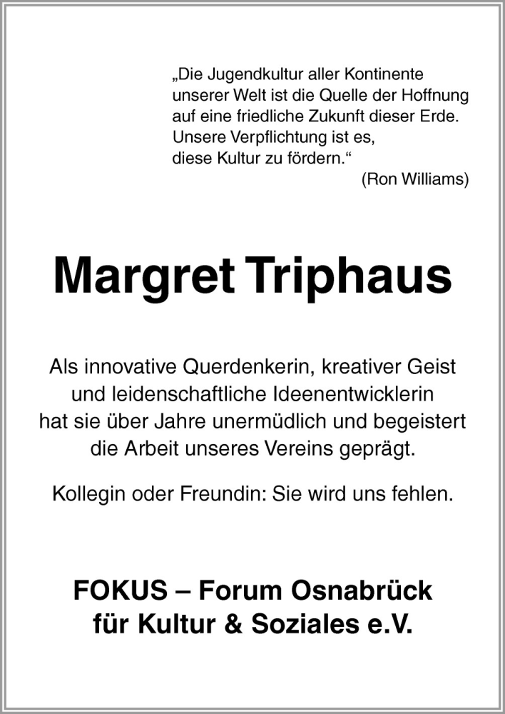  Traueranzeige für Margret Triphaus vom 23.03.2011 aus Neue Osnabrücker Zeitung GmbH & Co. KG
