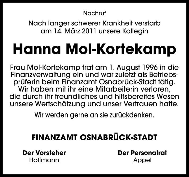  Traueranzeige für Hanna Mol-Kortekamp vom 26.03.2011 aus Neue Osnabrücker Zeitung GmbH & Co. KG