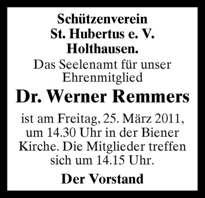  Traueranzeige für Werner Remmers vom 24.03.2011 aus Neue Osnabrücker Zeitung GmbH & Co. KG