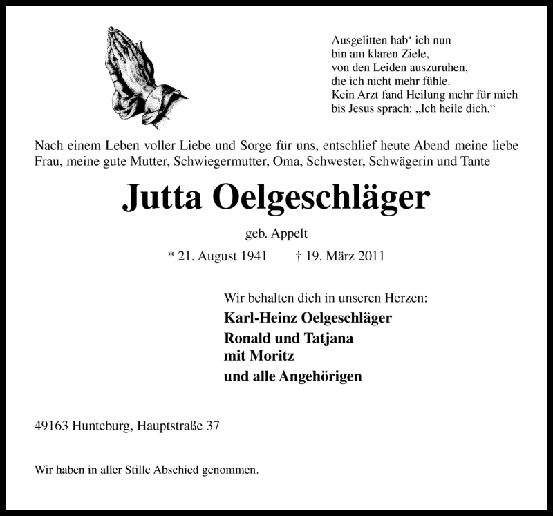  Traueranzeige für Jutta Oelgeschläger vom 25.03.2011 aus Neue Osnabrücker Zeitung GmbH & Co. KG
