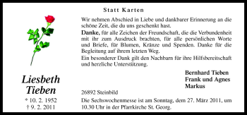 Traueranzeige von Liesbeth Tieben von Neue Osnabrücker Zeitung GmbH & Co. KG
