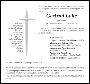 Traueranzeige von Gertrud Lohe von Neue Osnabrücker Zeitung GmbH & Co. KG