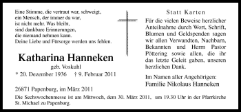 Traueranzeige von Katharina Hanneken von Neue Osnabrücker Zeitung GmbH & Co. KG