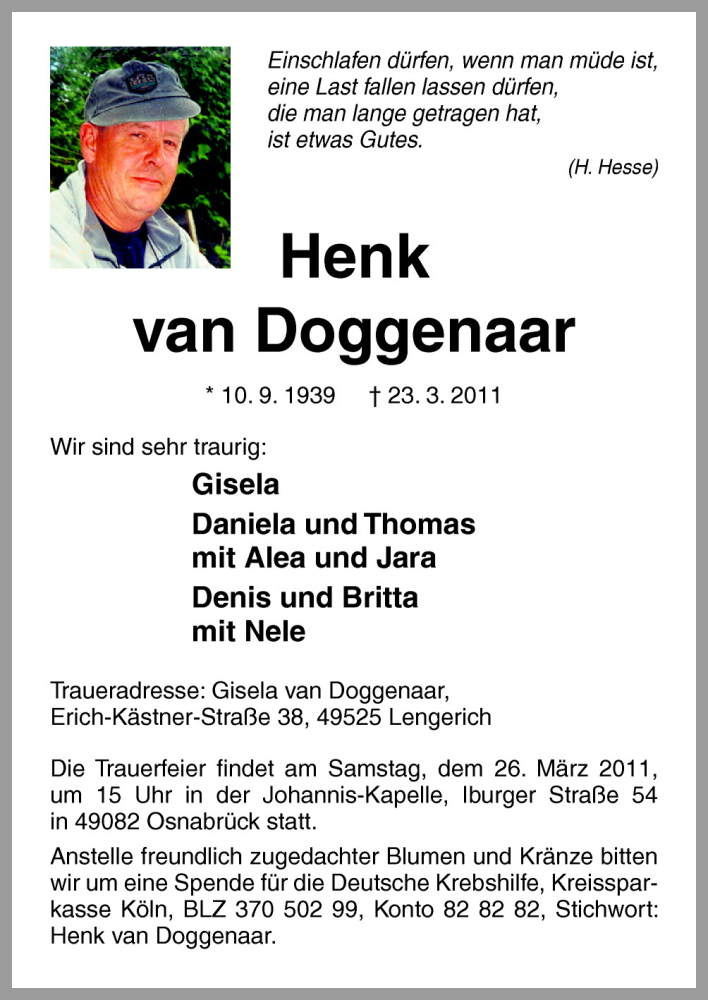 Traueranzeige für Henk van Doggenaar vom 25.03.2011 aus Neue Osnabrücker Zeitung GmbH & Co. KG