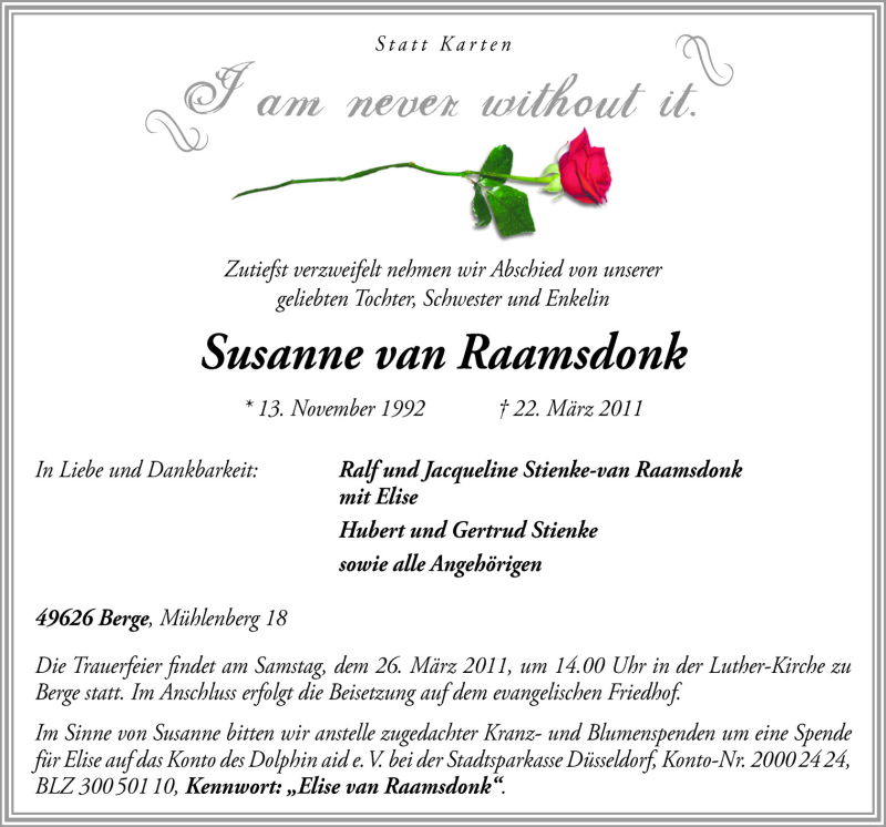  Traueranzeige für Susanne van Raamsdonk vom 25.03.2011 aus Neue Osnabrücker Zeitung GmbH & Co. KG
