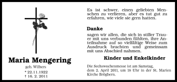 Traueranzeige von Maria Mengering von Neue Osnabrücker Zeitung GmbH & Co. KG