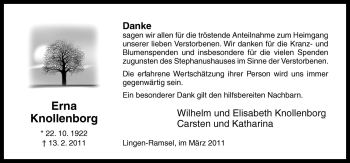 Traueranzeige von Erna Knollenborg von Neue Osnabrücker Zeitung GmbH & Co. KG