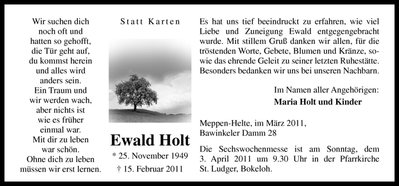  Traueranzeige für Ewald Holt vom 30.03.2011 aus Neue Osnabrücker Zeitung GmbH & Co. KG