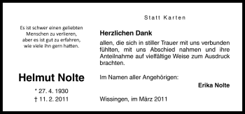Traueranzeige von Helmut Nolte von Neue Osnabrücker Zeitung GmbH & Co. KG