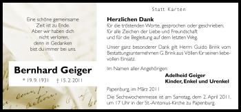 Traueranzeige von Bernhard Geiger von Neue Osnabrücker Zeitung GmbH & Co. KG