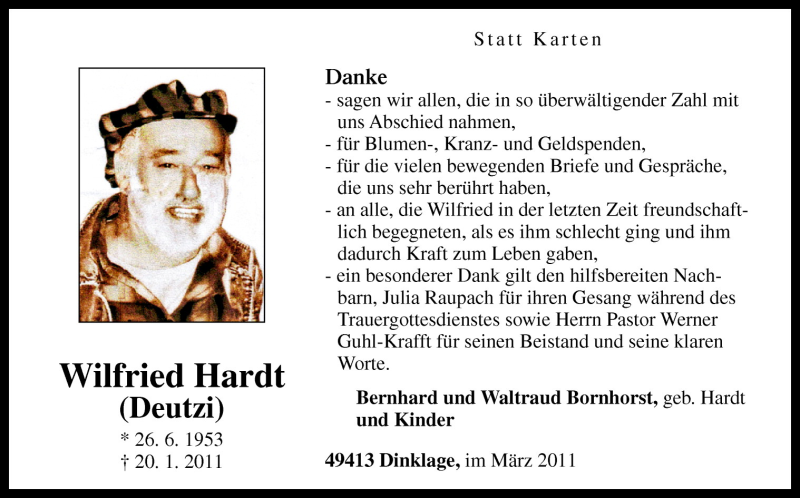  Traueranzeige für Wilfried Hardt vom 26.03.2011 aus Neue Osnabrücker Zeitung GmbH & Co. KG