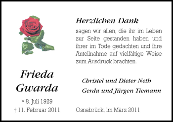 Traueranzeige von Frieda Gwarda von Neue Osnabrücker Zeitung GmbH & Co. KG