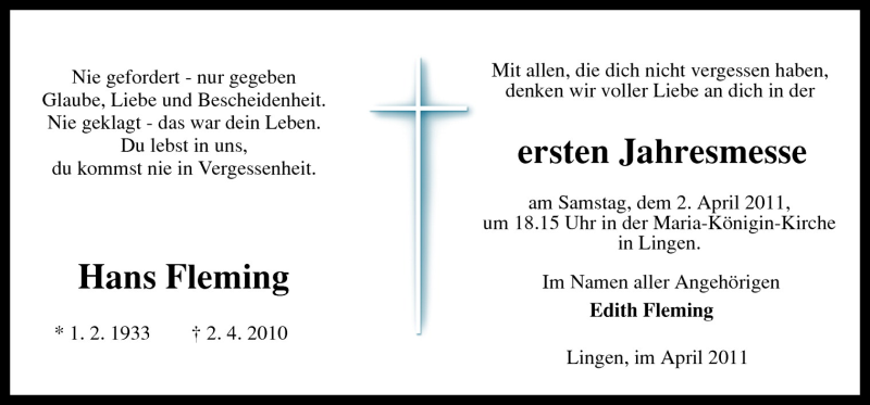  Traueranzeige für Hans Fleming vom 30.03.2011 aus Neue Osnabrücker Zeitung GmbH & Co. KG