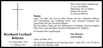 Traueranzeige von Bernhard Gerhard Behrens von Neue Osnabrücker Zeitung GmbH & Co. KG