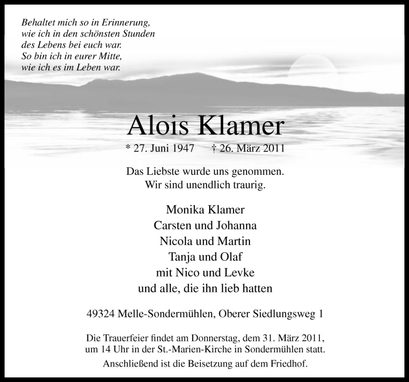  Traueranzeige für Alois Klamer vom 29.03.2011 aus Neue Osnabrücker Zeitung GmbH & Co. KG