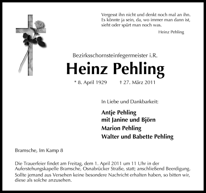  Traueranzeige für Heinz Pehling vom 29.03.2011 aus Neue Osnabrücker Zeitung GmbH & Co. KG