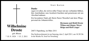 Traueranzeige von Wilhelmine Droste von Neue Osnabrücker Zeitung GmbH & Co. KG