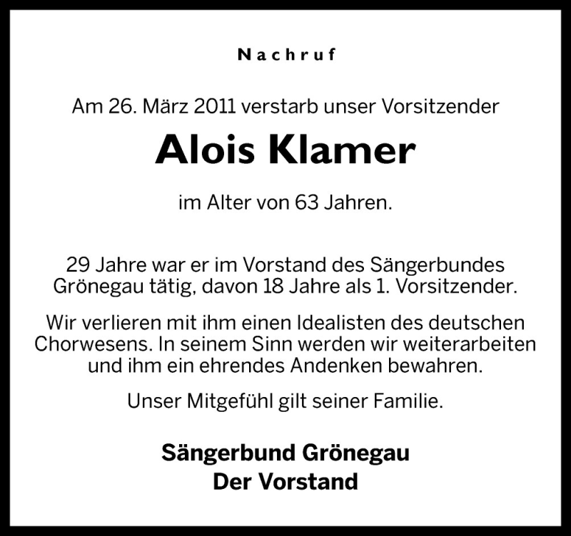  Traueranzeige für Alois Klamer vom 30.03.2011 aus Neue Osnabrücker Zeitung GmbH & Co. KG
