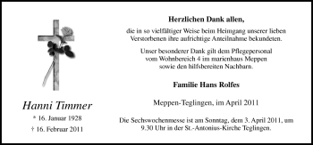 Traueranzeige von Hanni Timmer von Neue Osnabrücker Zeitung GmbH & Co. KG