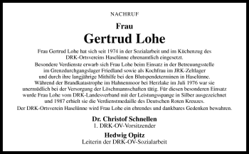 Traueranzeige von Gertrud Lohe von Neue Osnabrücker Zeitung GmbH & Co. KG