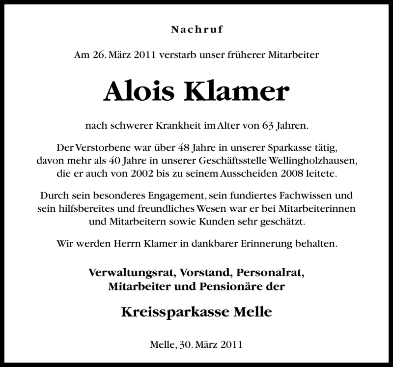  Traueranzeige für Alois Klamer vom 30.03.2011 aus Neue Osnabrücker Zeitung GmbH & Co. KG