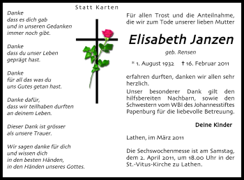 Traueranzeige von Elisabeth Janzen von Neue Osnabrücker Zeitung GmbH & Co. KG