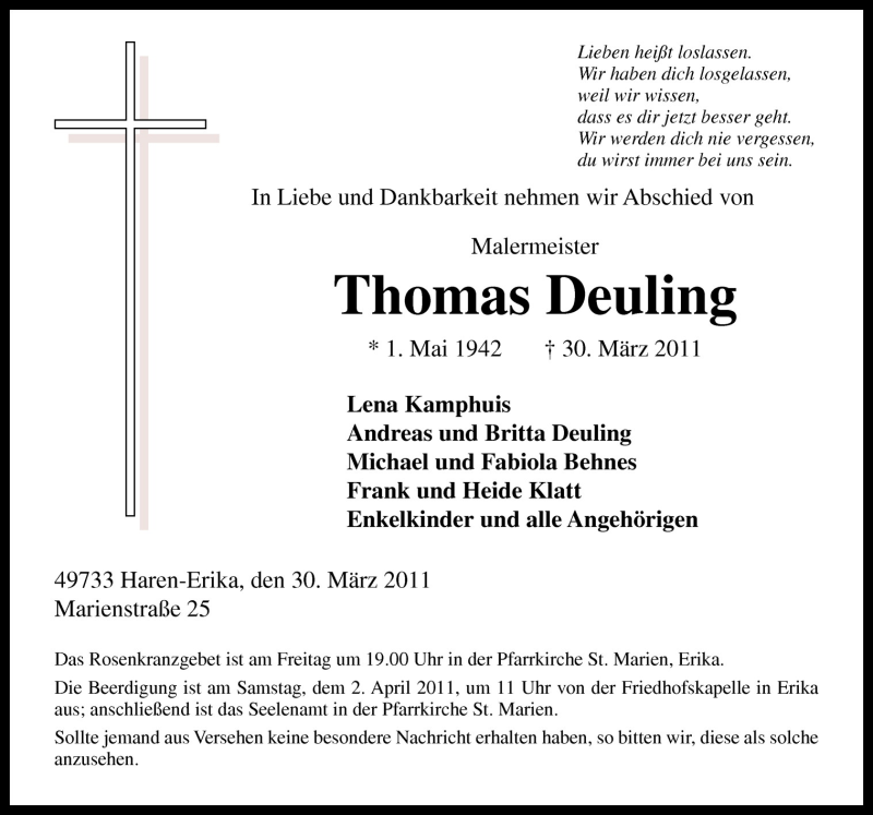  Traueranzeige für Thomas Deuling vom 31.03.2011 aus Neue Osnabrücker Zeitung GmbH & Co. KG