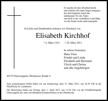 Traueranzeige von Elisabeth Kirchhof von Neue Osnabrücker Zeitung GmbH & Co. KG
