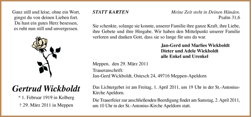  Traueranzeige für Gertrud Wickboldt vom 31.03.2011 aus Neue Osnabrücker Zeitung GmbH & Co. KG