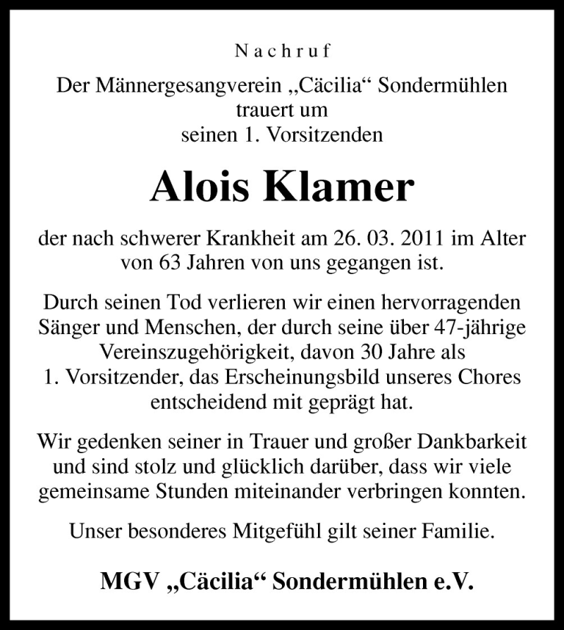  Traueranzeige für Alois Klamer vom 31.03.2011 aus Neue Osnabrücker Zeitung GmbH & Co. KG