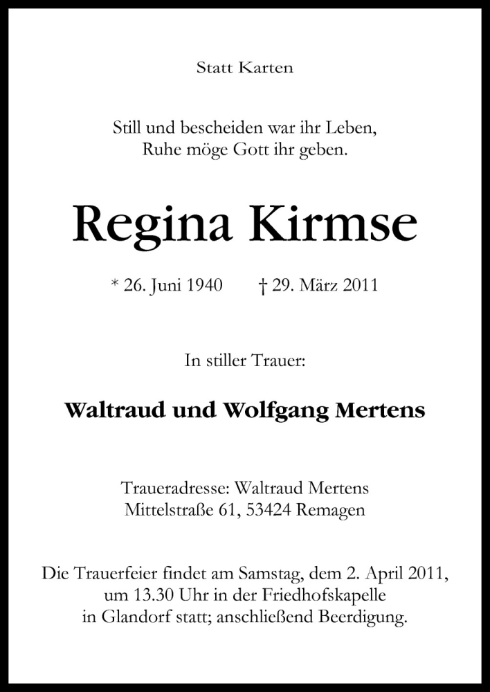  Traueranzeige für Regina Kirmse vom 31.03.2011 aus Neue Osnabrücker Zeitung GmbH & Co. KG