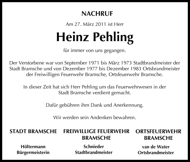  Traueranzeige für Heinz Pehling vom 31.03.2011 aus Neue Osnabrücker Zeitung GmbH & Co. KG